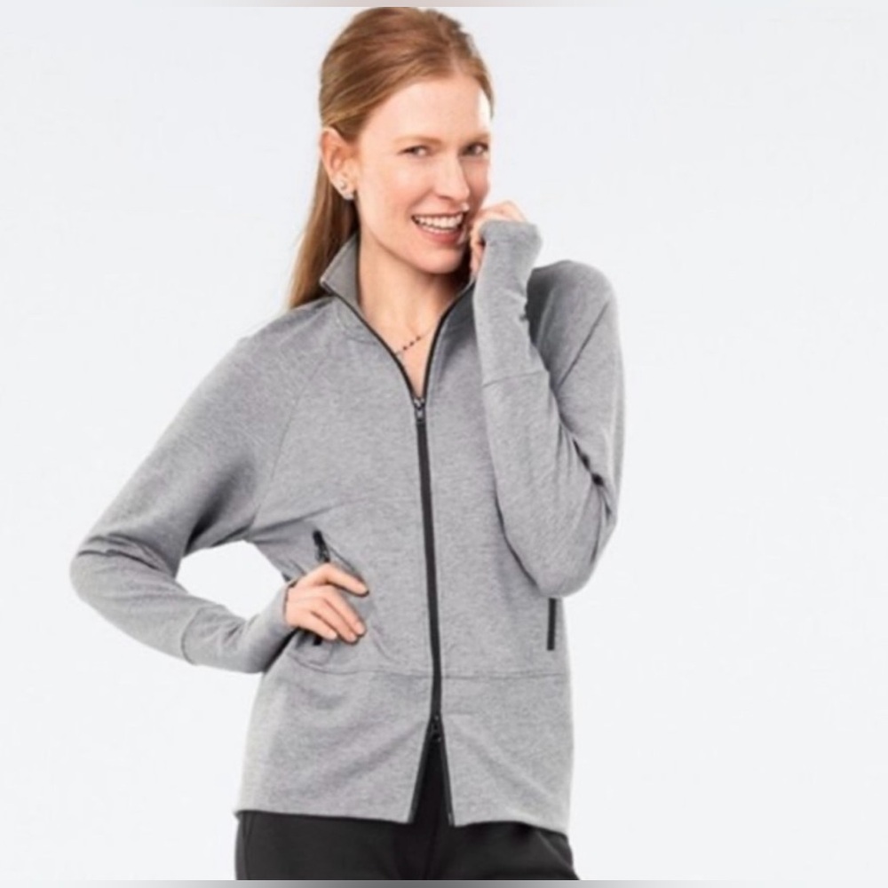 CAbi #3732 Pivot Jacket Athleisure Coat Zip Up Mock Neck Pockets Thumbholes Knit